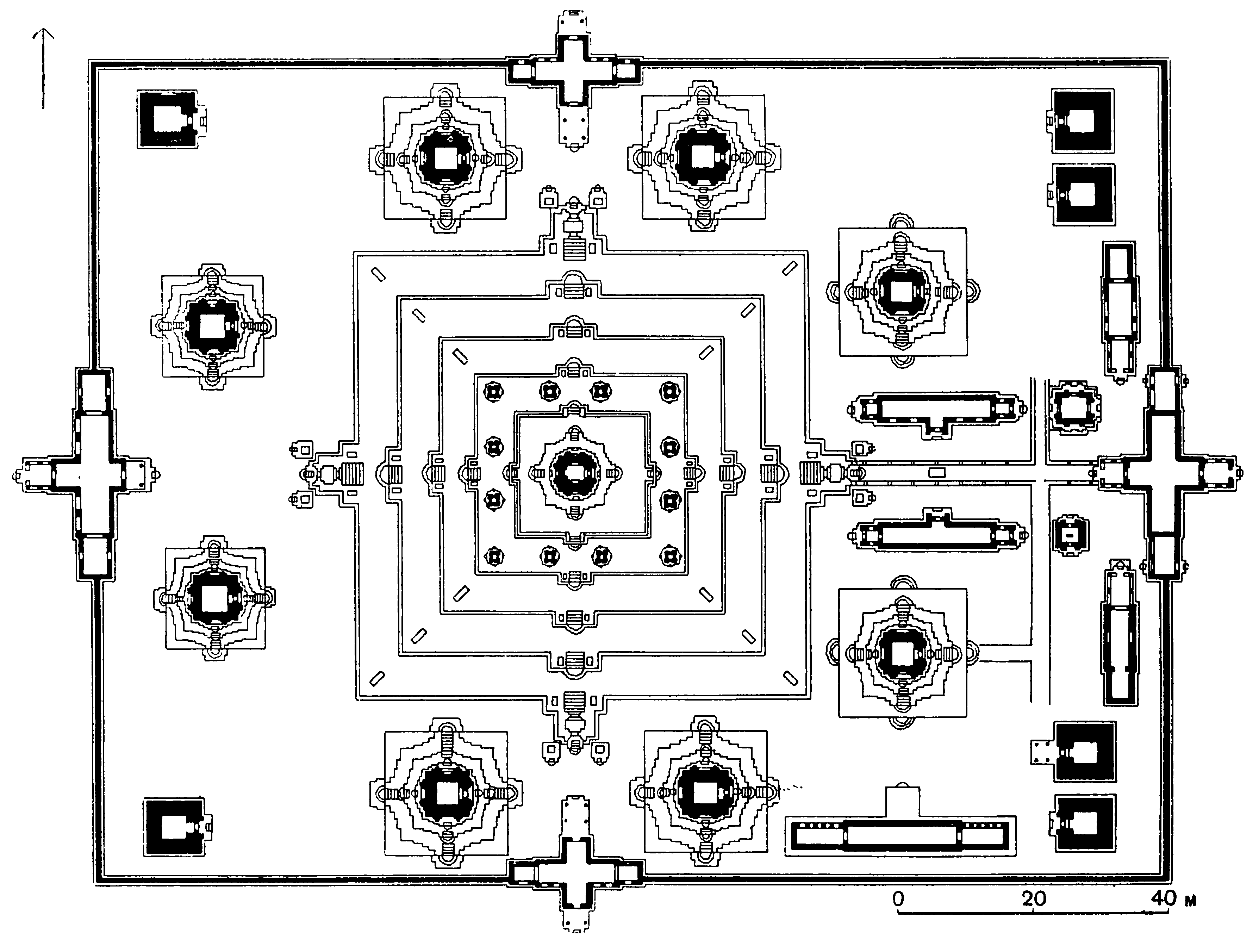 8. Харихаралайя. Баконг, 881 г. Общий вид. Башни, расположенные на нижней платформе. План