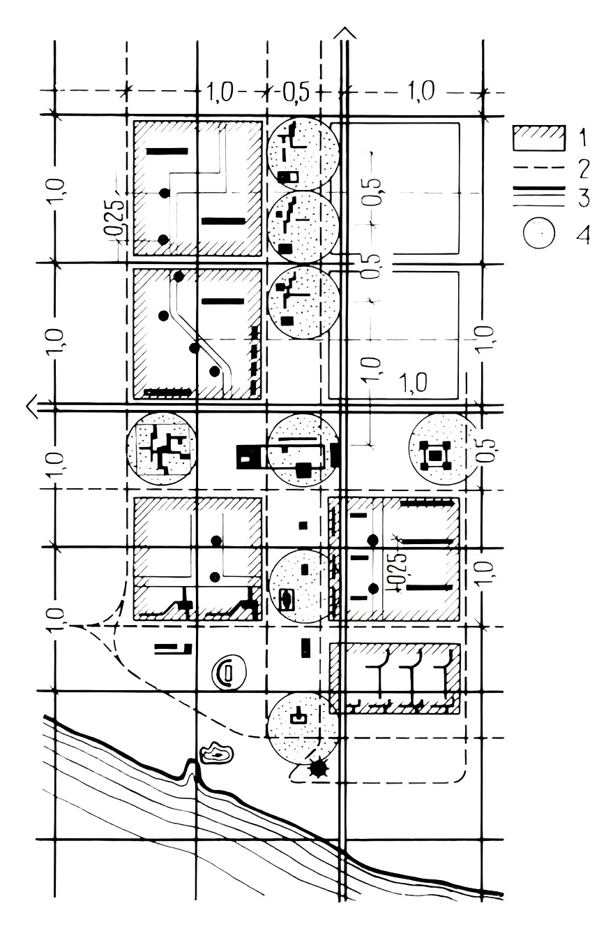 Использование модульной системы в архитектурно - пространственной композиции города 1 — жилые территории; 2 — магистрали; 3 — водохранилище; 4 — градостроительные акценты